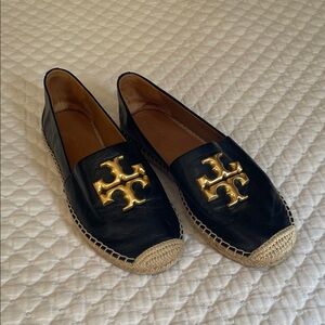 Tory Burch Black Leather Espadrilles with Gold Emblem